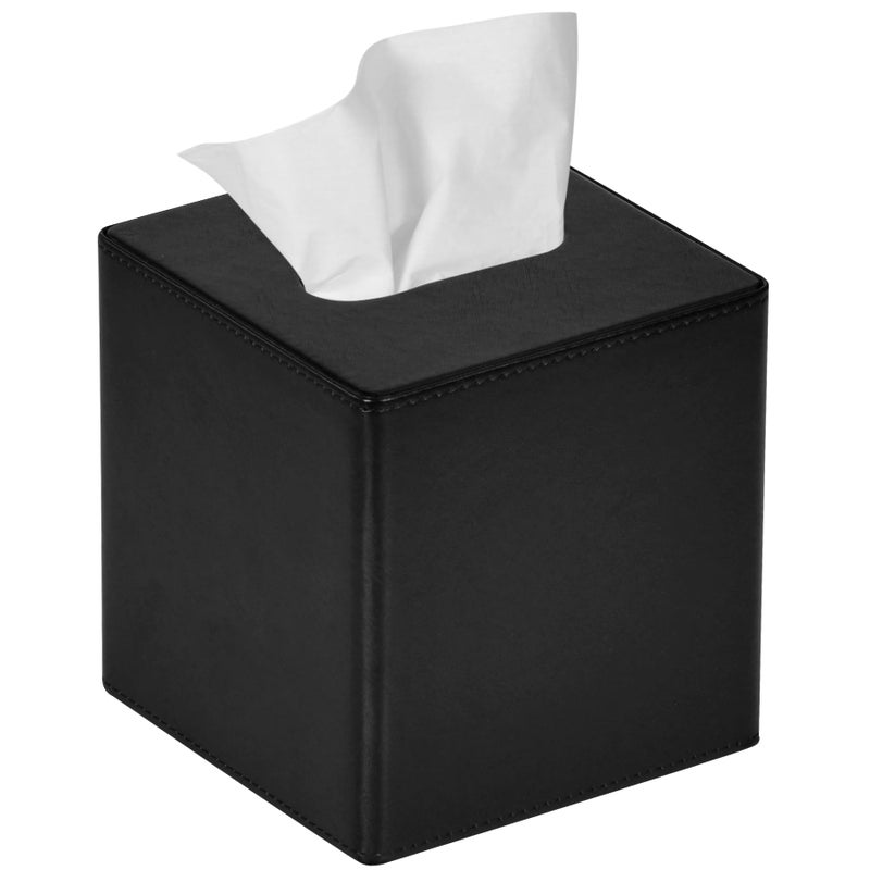 GOLRANLYE Tissue Box Cover Square PU Leather Facial Tissue Box Holder for Dresser Bathroom Decor (Black) - Image 1